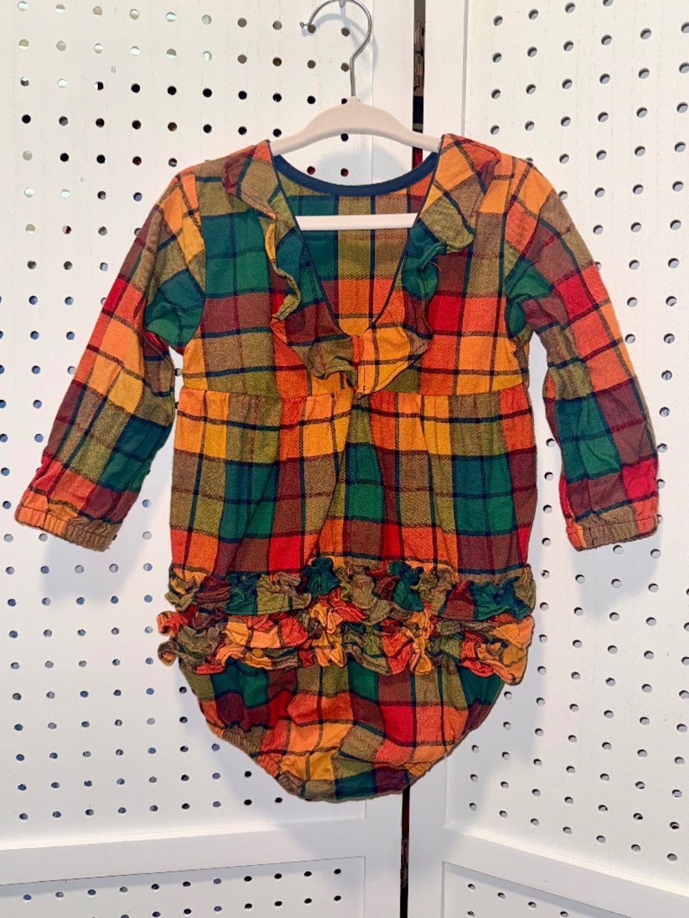 RuffleButts 18-24M Fall Harvest Plaid Ruffle Back Long Sleeve Bubble Romper
